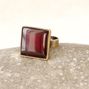 Distressed Burgundy square ring, vintage bronze ring, dark red enamel ring, maroon statement everyday adjustable ring, resin ring