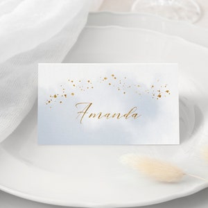 Abstract Watercolor Wedding Place Card Template. Dusty Blue & Faux Gold Foil Printable Wedding Escort Cards. Winter Wedding Name Cards. WB19 image 1