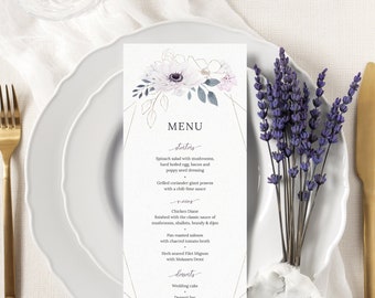 Anemone Wedding Menu Template. Watercolor Purple Floral Frame Wedding Printable Menu Cards. Lavender Boho Wedding DIY Dinner Menu. BA20