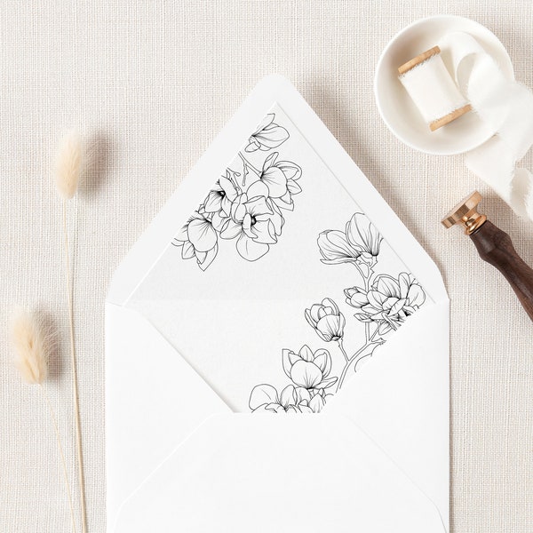 Magnolia Wedding Envelope Liner Template. A7 Black and White Floral Printable Envelope Liner. Modern Spring wedding DIY Envelope Liners MG18