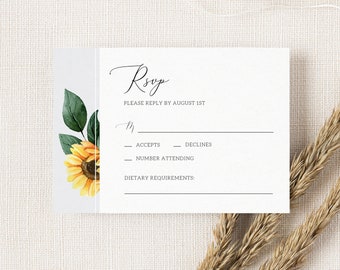 Sunflower Wedding RSVP Card Template. Rustic Fall Wedding Invitation Insert. Printable Boho Wedding RSVP Cards, Instant Download. SF20