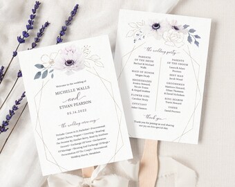 Anemone Wedding Ceremony Program Fan Template. Lavender Floral Wedding Fan Template. Geometric Floral Frame Boho Wedding Program Fan. BA20