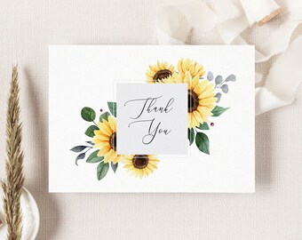 Sunflower Wedding Thank You Card Template, Printable Boho Fall Wedding Thank You Notes, Rustic Thank You Cards, Instant Download. SF20