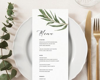 Willow Eucalyptus Wedding Menu Template, Printable Greenery Wedding Menu, Boho Rustic Wedding Diner Menu Cards, Instant Download. WE21