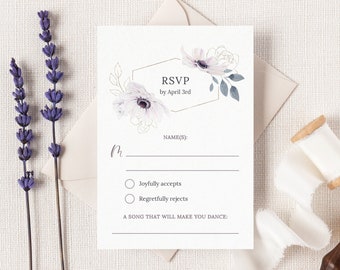 Anemone Wedding RSVP Card Template. Lavender Floral Frame Wedding Response Card. DIY Boho Watercolor Wedding Invitation Insert. BA20