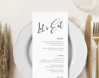 Calligraphy Wedding Menu Template. elegant Black and White Wedding Printable Menu Cards. DIY Modern Minimalist Wedding Dinner Menu. CL19