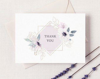 Anemone Wedding Thank You Card Template. Lavender Floral Frame Wedding Printable Thank You Cards. Watercolor Boho Wedding Thank You. BA20