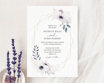 Anemone Wedding Invitation Template. Lavender Geometric Floral Frame Wedding Invitation. DIY Watercolor Spring Boho Wedding Invite. BA20