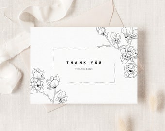Magnolia Wedding Thank You Card Template. Modern Floral Wedding Printable Thank You Cards. Black and White Garden Wedding Thank You. MG18