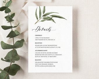 Willow Eucalyptus Wedding Details Card Template, Printable Boho Greenery Wedding Invitation Insert, Rustic Card Instant Download. WE21