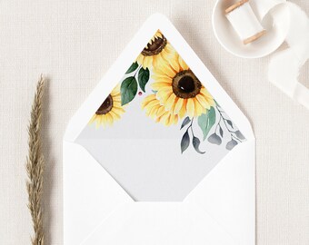 Sunflower Envelope Liner Template, Boho Floral A7 Envelope Liners, Printable Rustic Fall Wedding Liner with Watercolor Sunflowers. SF20