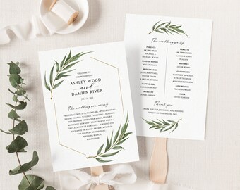 Greenery Wedding rustic Program Wedding ceremony program with eucalyptus greenery Rustic wedding fan Fan editable Template ETHG