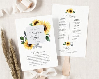 Sunflower Wedding Program Fan Template, Printable Rustic Wedding Ceremony Program Fans, Boho Fall Wedding Program, Instant Download. SF20