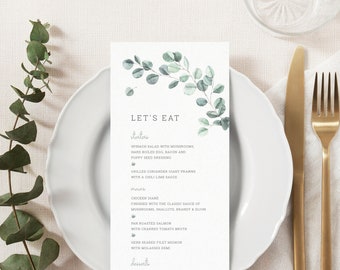 Eucalyptus Wedding Menu Template. Sage Green Garden Wedding Printable Menu Cards. Watercolor Greenery Wedding DIY Dinner Menu. EL19