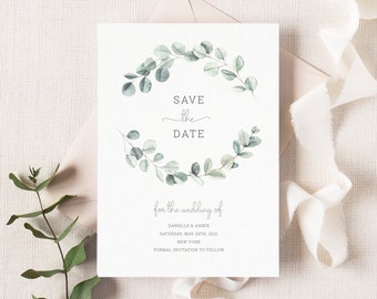 Eucalyptus Wedding Save the Date Template. Greenery Wedding Announcement. Printable Sage Green Watercolor Wedding Save the Date. EL19