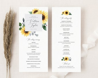 Sunflower Wedding Program Template, Rustic Fall Wedding Ceremony Program, Printable Boho Wedding Program with Watercolor Flowers. SF20