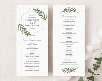 Willow Eucalyptus Wedding Program Template, Printable Greenery Wedding Ceremony Program, Boho Rustic Wedding Program Cards. WE21