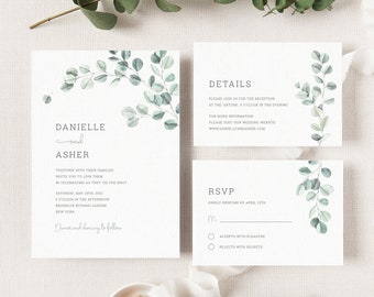 Eucalyptus Wedding Invitation Suite. Watercolor Greenery Wedding Invitation Template. Printable Sage Green Garden Wedding Invite Set. EL19