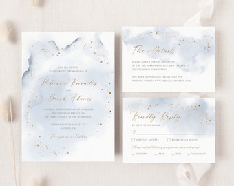 Abstract Watercolor Wedding Invitation Suite. Dusty Blue and Faux Gold Wedding Invitation Template. Elegant Winter Wedding Invite Set. WB19