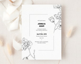 Floral Wedding Invitation Template. Modern Black and White Magnolia Wedding Invite. Printable Spring Wedding Invitation Cards. MG18