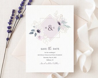 Anemone Wedding Save the Date Template. Blush Floral Frame Wedding Announcement. Lavender Watercolor Boho Wedding Save the Date. BA20