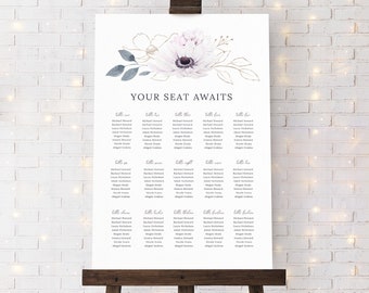 Anemone Wedding Seating Chart Template. Watercolor Lavender Floral Wedding Seating Plan Template. Purple Boho Wedding Seating Chart. BA20