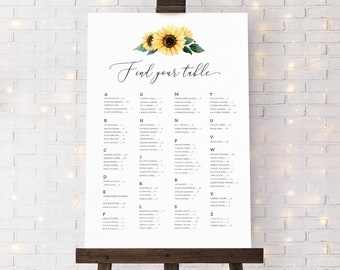 Sunflower Wedding Seating Chart Template, Fall Boho Wedding Alphabetical Seating Chart Sign, Printable Rustic Wedding Signage. SF20