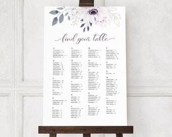 Anemone Wedding Alphabetical Seating Chart Template. Spring Boho Wedding Lavender Seating Plan. Purple Floral Wedding Seating Chart. BA20