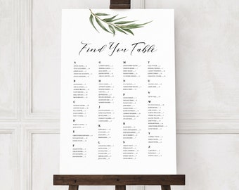 Willow Eucalyptus Wedding Seating Chart Template, Greenery Wedding Alphabetical Seating Chart Sign, Printable Boho Wedding Signage. WE21