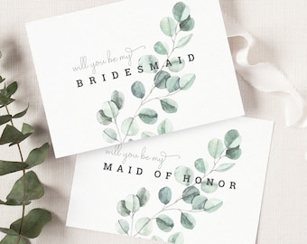 Eucalyptus Bridesmaid Proposal Card Template, Sage Printable Will You Be My Bridesmaid Cards, Greenery Maid of Honor Proposal Card. EL19