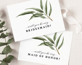 Willow Eucalyptus Bridesmaid Proposal Card Template, Printable Will You Be My Bridesmaid Cards, Greenery Maid of Honor Proposal Card. WE21