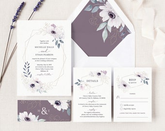 Anemone Wedding Invitation Suite. Lavender Floral Frame Wedding Invitation Template. Watercolor Spring Boho Wedding Invite Kit. BA20