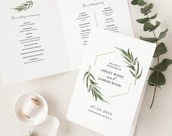 Willow Eucalyptus Wedding Program Template, Greenery Wedding Folded Ceremony Program, Printable Rustic Boho Wedding Program. WE21