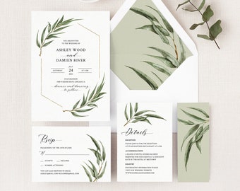 Willow Eucalyptus Wedding Invitation Suite Template, 5 Piece Boho Greenery Wedding Invite Kit, Printable Cards for Rustic Wedding Set. WE21