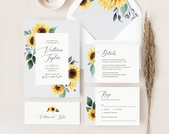 Sunflower Wedding Invitation Suite Template, 5 Piece Boho Fall Wedding Invite Kit, Printable Cards for Rustic Floral Wedding Set. SF20