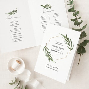 Willow Eucalyptus Wedding Program Template, Greenery Wedding Folded Ceremony Program, Printable Rustic Boho Wedding Program. WE21 image 1