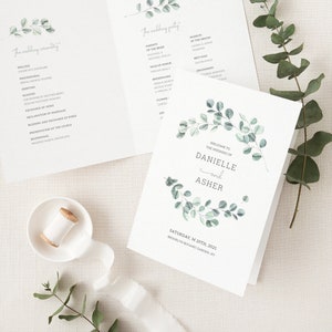 Eucalyptus Wedding Program Template, Watercolor Greenery Wedding Folded Ceremony Program, Sage Green Printable Garden Wedding Program. EL19 image 1