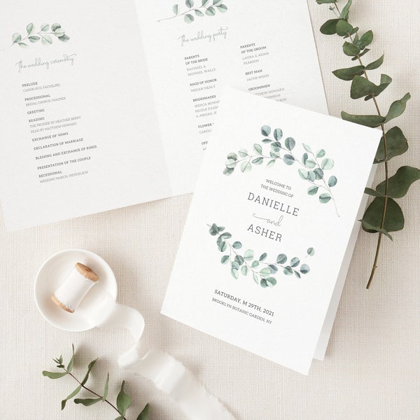 Modèle de programme de mariage d'eucalyptus, programme de cérémonie pliée de mariage de verdure d'aquarelle, programme de mariage de jardin imprimable vert sauge. EL19