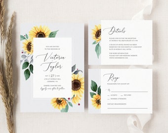 Sunflower Wedding Invitation Template, 3 Piece Floral Fall Wedding Invitation Suite, Rustic Boho Wedding Invite Kit, Printable Cards. SF20
