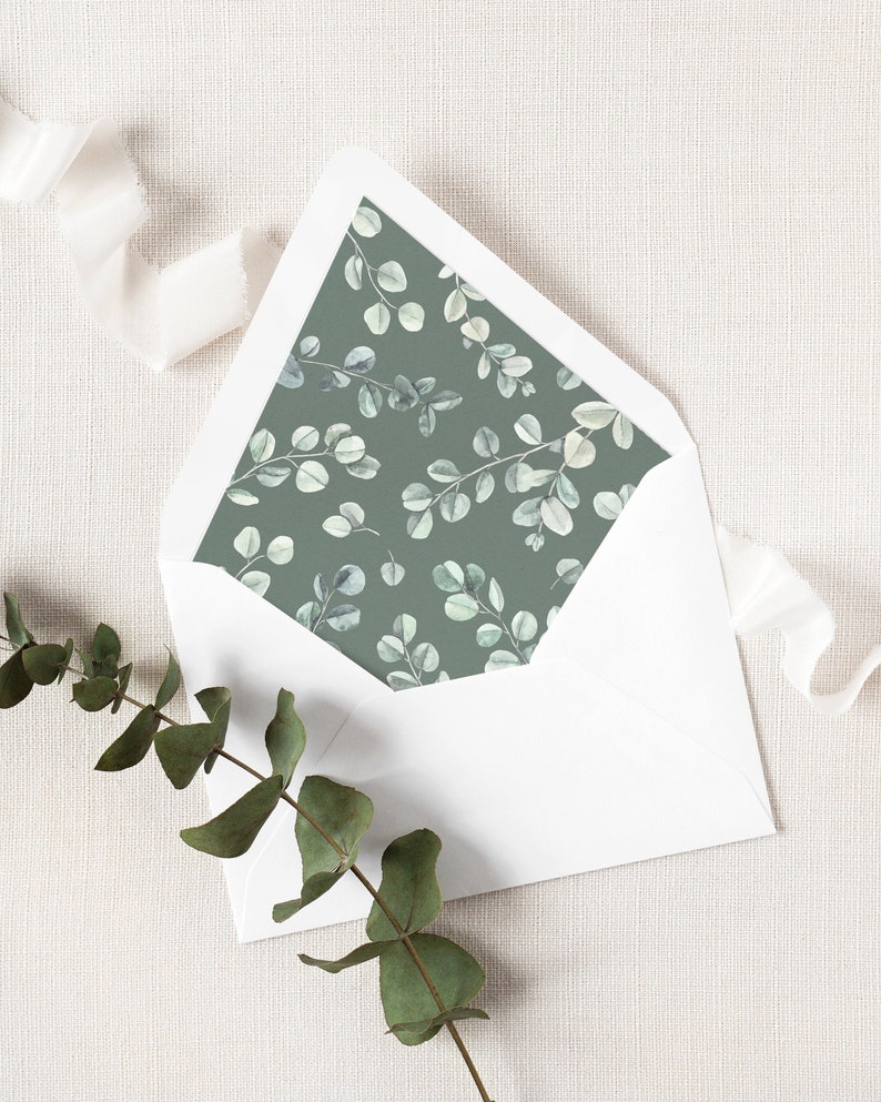 Eucalyptus Wedding Envelope Liner Template. A7 Watercolor Greenery Wedding Envelope Liner. Printable Sage Green Garden Wedding Liner. EL19 image 1