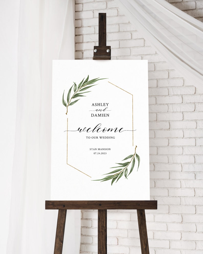 Willow Eucalyptus Wedding Welcome Sign Template, Printable Greenery Wedding Sign, Rustic Boho Ceremony Signage, Instant Download. WE21 image 1