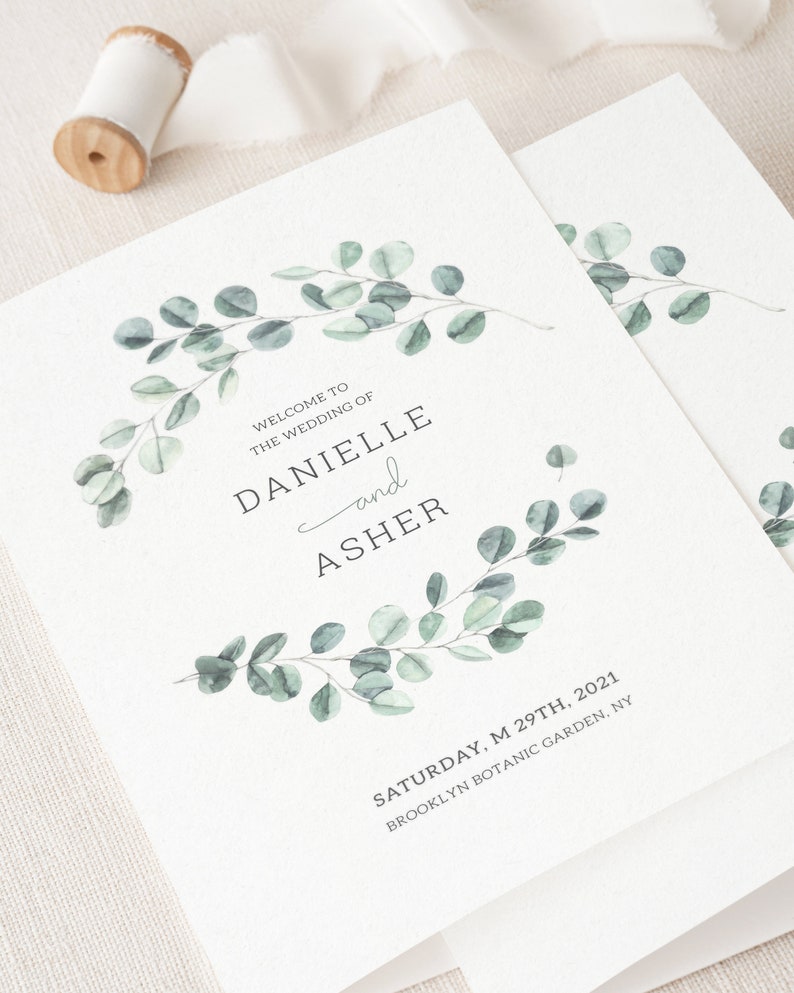 Eucalyptus Wedding Program Template, Watercolor Greenery Wedding Folded Ceremony Program, Sage Green Printable Garden Wedding Program. EL19 image 4