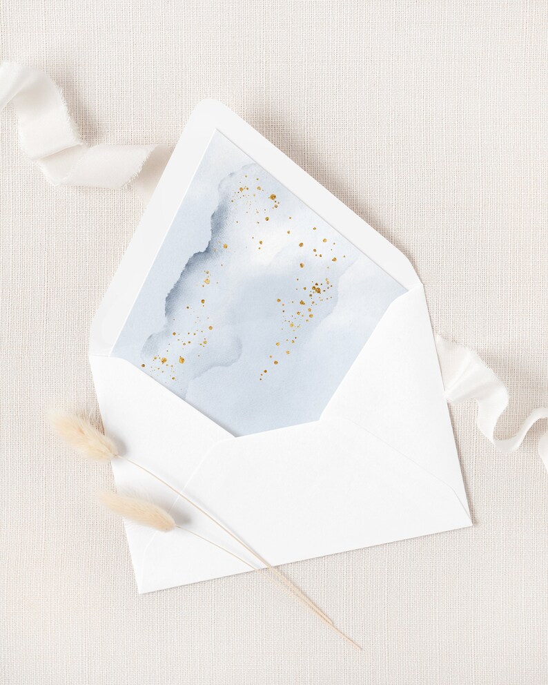 Abstract Watercolor Wedding Envelope Liner Template. Dusty Blue and Faux Gold Wedding Envelope Liner. A7 Winter Wedding Envelope Liner. WB19 image 1