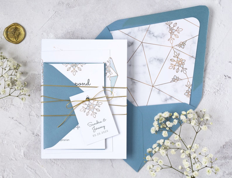 Modern Calligraphy Wedding Invitation Template Light Blue Geometric Wedding Invitation Suite BH19 Faux gold and Marble Wedding Invite