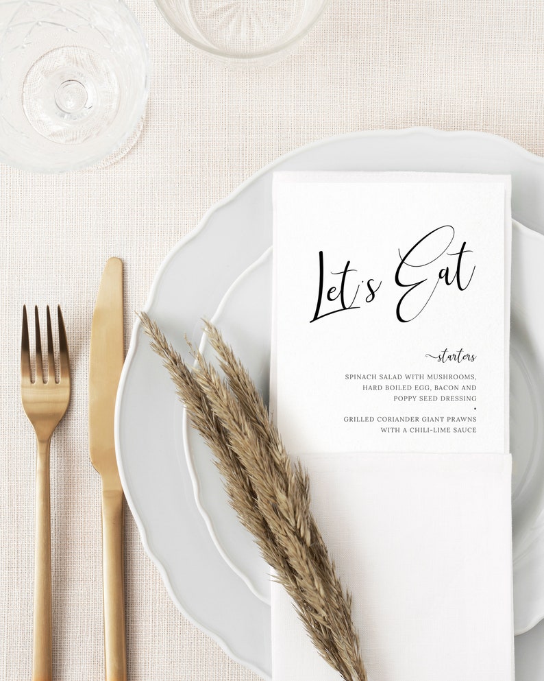 CL19 DIY Modern Minimalist Wedding Dinner Menu Calligraphy Wedding Menu Template elegant Black and White Wedding Printable Menu Cards