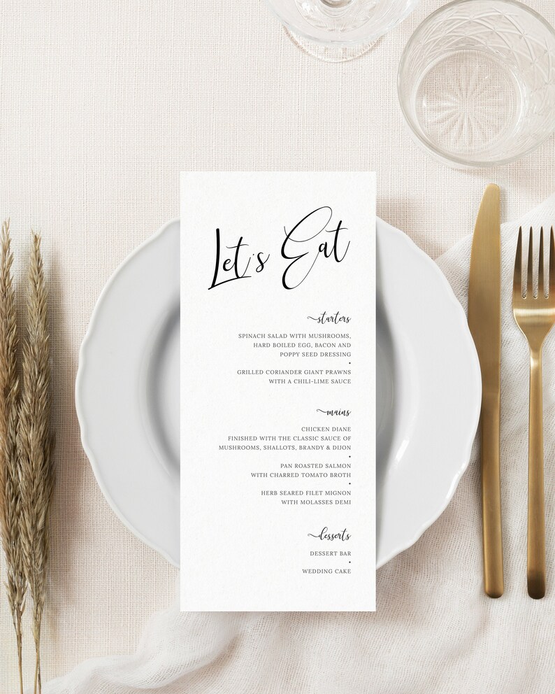 CL19 DIY Modern Minimalist Wedding Dinner Menu Calligraphy Wedding Menu Template elegant Black and White Wedding Printable Menu Cards