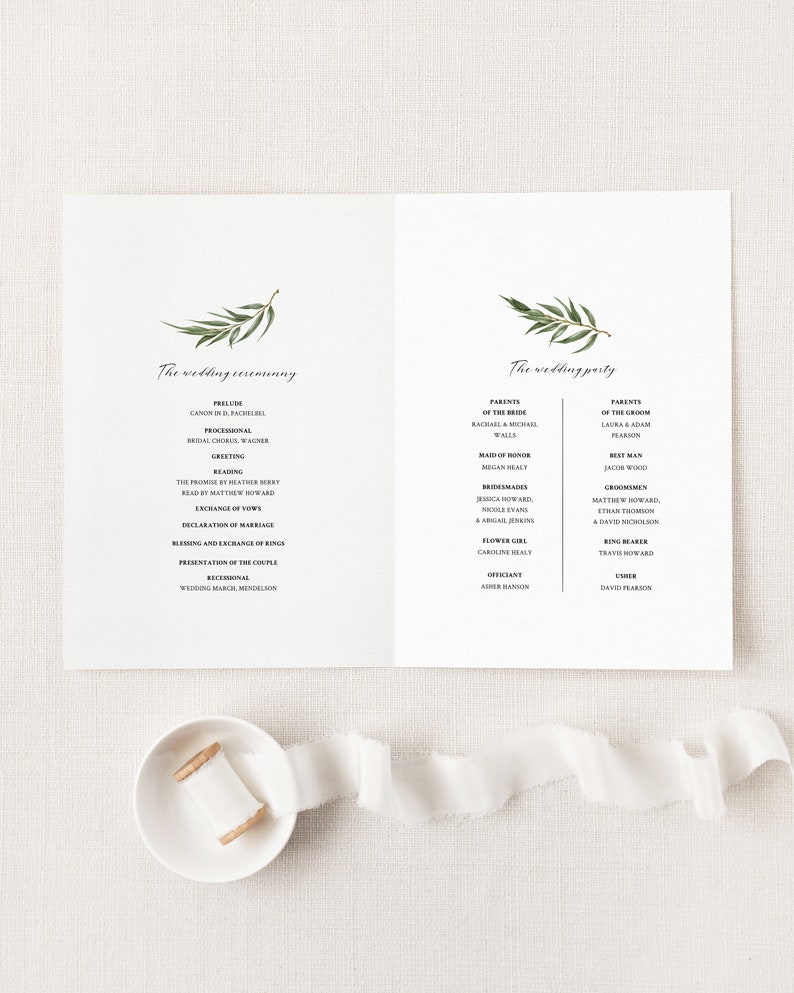 Willow Eucalyptus Wedding Program Template, Greenery Wedding Folded Ceremony Program, Printable Rustic Boho Wedding Program. WE21 image 3