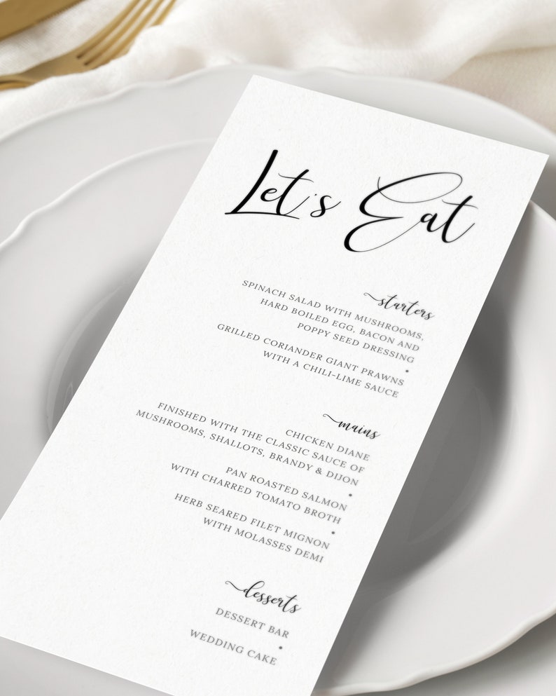 CL19 DIY Modern Minimalist Wedding Dinner Menu Calligraphy Wedding Menu Template elegant Black and White Wedding Printable Menu Cards