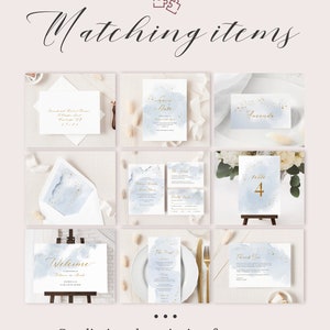 Abstract Watercolor Wedding Place Card Template. Dusty Blue & Faux Gold Foil Printable Wedding Escort Cards. Winter Wedding Name Cards. WB19 image 7