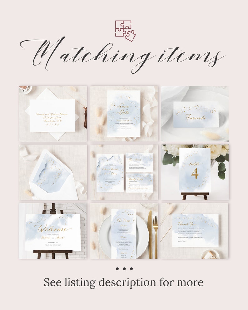 Abstract Watercolor Wedding Place Card Template. Dusty Blue & Faux Gold Foil Printable Wedding Escort Cards. Winter Wedding Name Cards. WB19 image 7